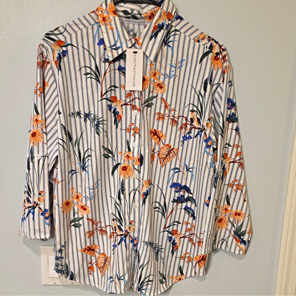 Notations Men's Woven Poly/Spandex Striped Floral 3/4 Sleeve Button-Up L #387